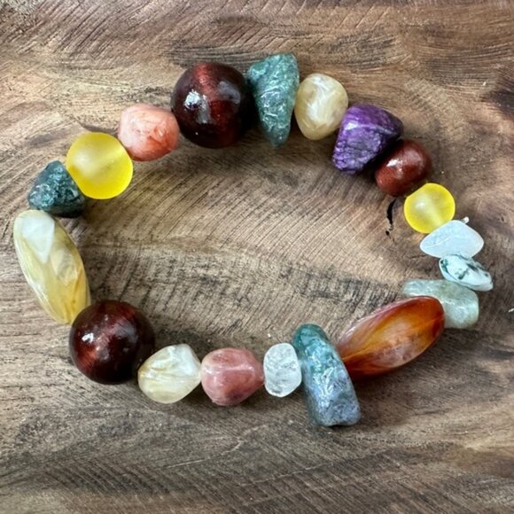 NEW Multicolor Bead Bracelet Semi-Precious Stones "Resilient" Elastic 6.5"